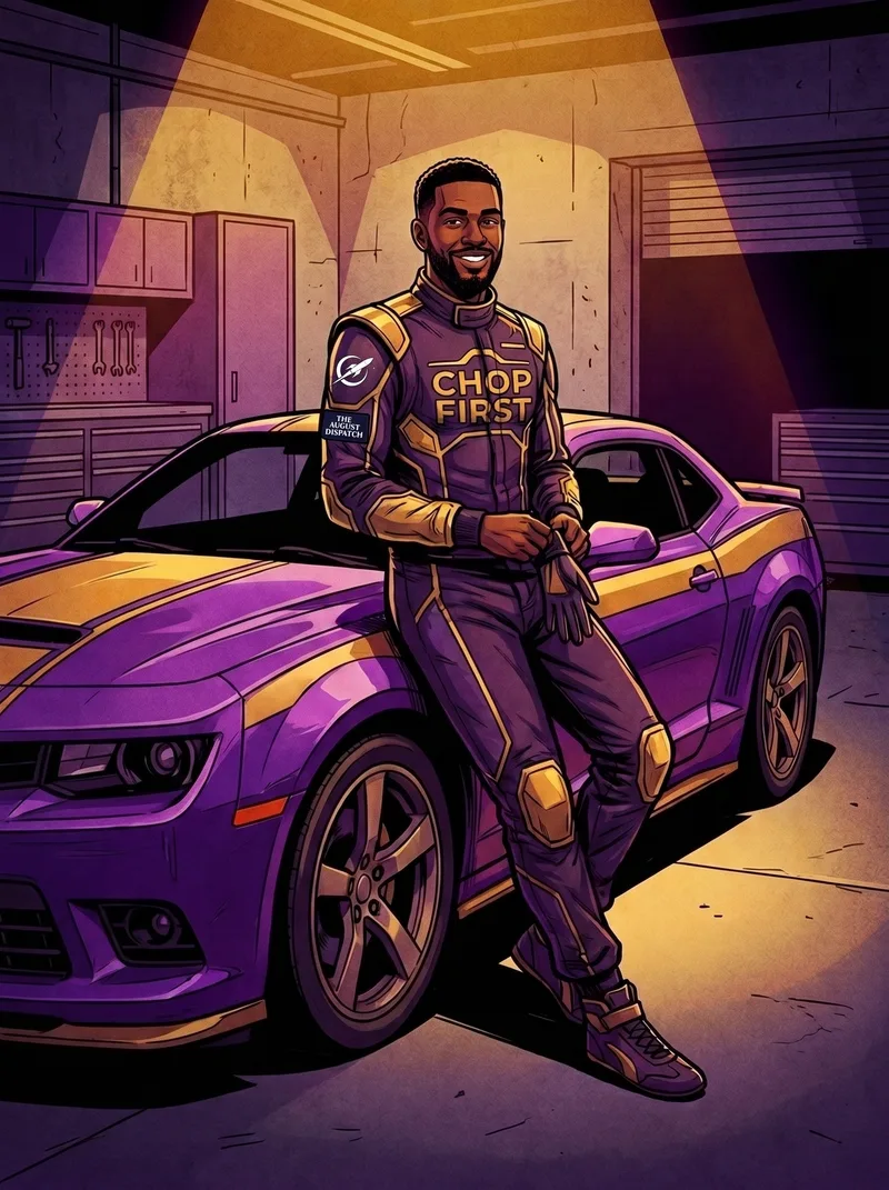 Ananse the Spider standing beside his purple and gold coupe